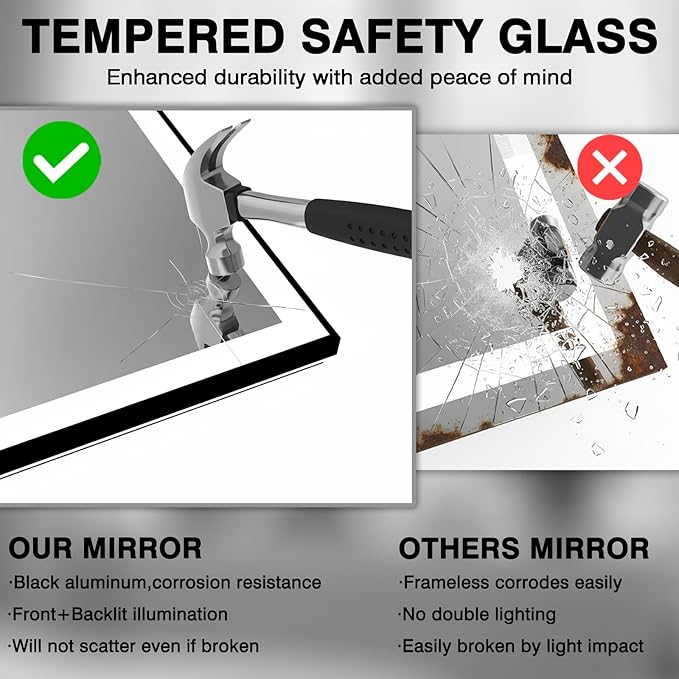 40x24 LED Bathroom Mirror for Wall, Black (Metal, Aluminum) Framed, Front Light and Backlit, 3 Colors and Dimmable Vanity Mirror, Anti-Fog, Shatter-Proof, Memory (Horizontal/Vertical)