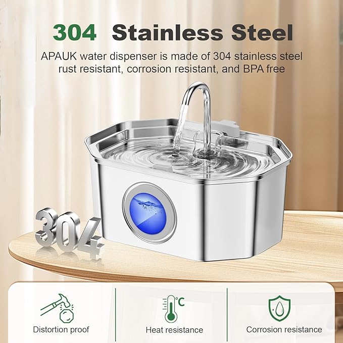 Cat Water Fountain Stainless Steel 108oz/3.2L, APAUK Automatic Pet Fountain Dog Water Dispenser with Water Level Window, Quiet Cat Fountain for Drinking, Inside with Replacement(1 Filters&1 Sponges)