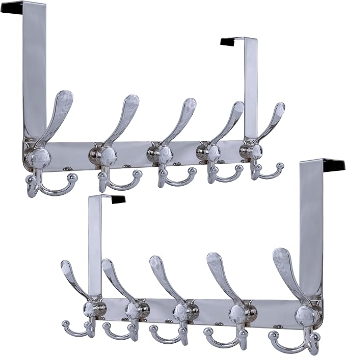Dseap Over Door Hook 2.0 - Upgraded Version - Simple-Assembly, Strong, Heavy-Duty Stainless Steel 5-Tri-Hook Over The Door Hanger Rack, SimpleStrong Series, Chromed, Pack of 2