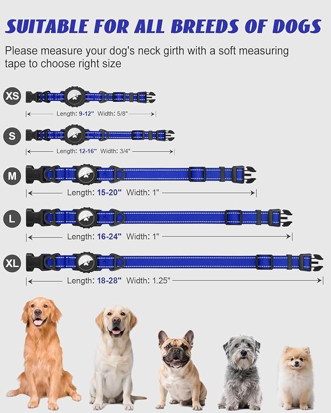 Joytale Airtag Dog Collar, Reflective Pet Collar with Waterproof AirTag Holder, Dual D-Rings, Soft Padded Adjustable for Extra Small and Puppy Dogs, Navy Blue, XS