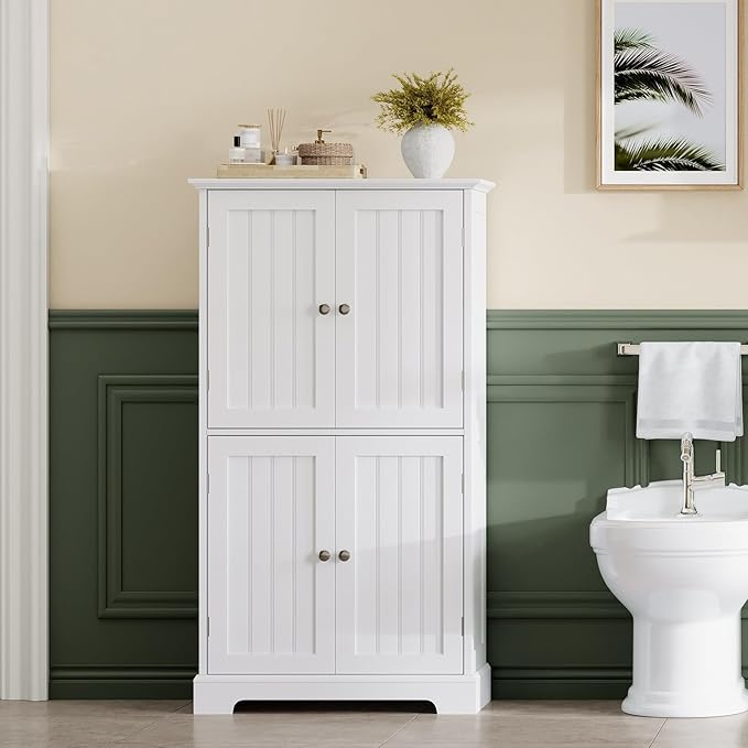 ChooChoo Bathroom Floor Cabinet, Modern Bathroom Storage Cabinet with 4 Doors and Adjustable Shelves, Freestanding Cupboard for Living Room, White