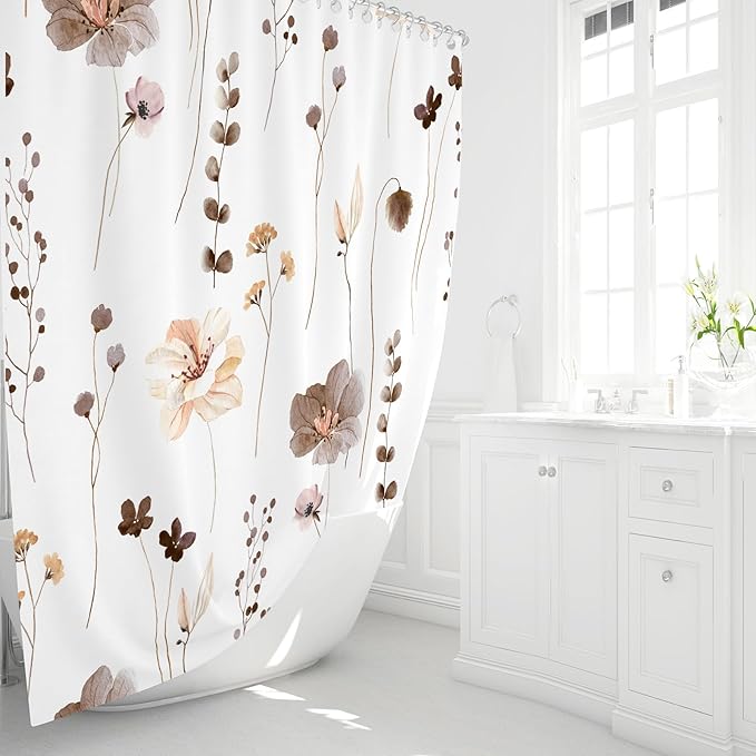 Gibelle Long Shower Curtain 72 x 78, Watercolor Floral Fabric Shower Curtain, Brown Beige Flower Decorative Bathroom Shower Curtain Set with Hooks