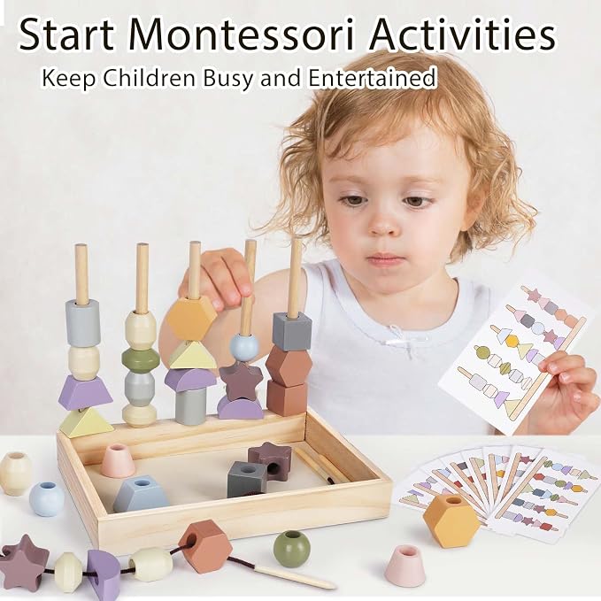 Montessori Toys for 3 Year Old - Wooden Lacing Beads & Stacking Blocks Toys for 3 4 5 Year Old Girl Boy Easter Birthday Gifts, Preschool Learning Activities With Beads Sequencing Set for Kids Age 3+