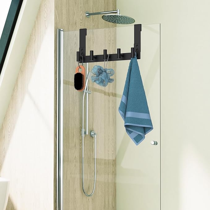 WUIVIUT Over The Shower Wall Hook, Towel Racks for Glass Shower Door, Heavy Duty Rack Bathroom Hooks for Robe, Coat (5 Hook, Fits 3/8'' Thick)