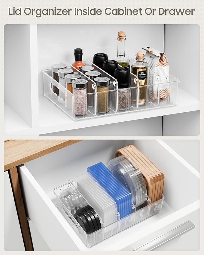 LYNG Lid Organizers Inside Cabinet, Clear Plastic Storage Lid Organizer With 4 Adjustable Dividers, Food Container Lid Organizer For Kitchen Pantry
