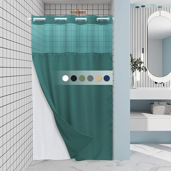 Seaweed Green Stall No Hook Shower Curtain with Snap in Liner,230GSM Waffle Weave Shower Curtains for Bathroom,54W x 80H