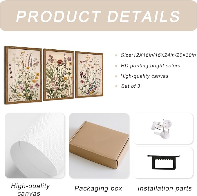 WRFON Botanical and Flower Canvas Wall Art, Framed Wildflower Wall Art Set of 3