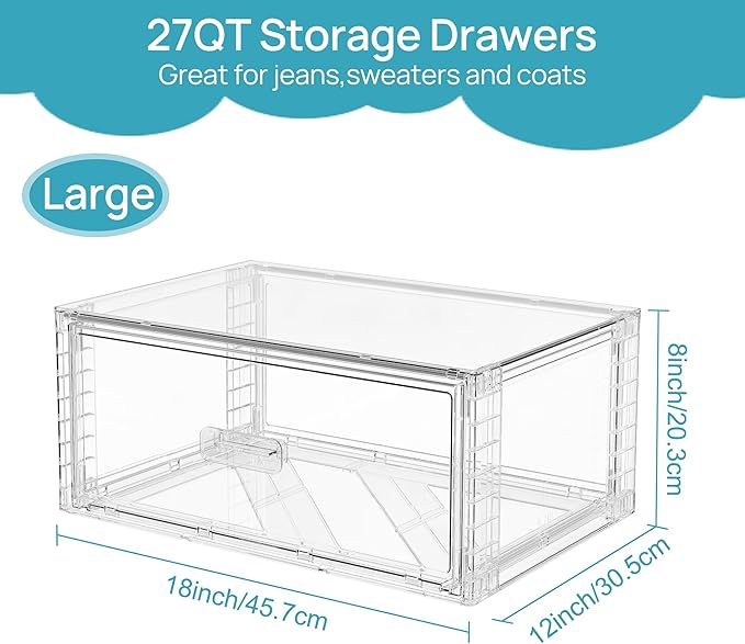Vtopmart 2 Pack Large Clear Stackable Storage Drawers 27QT, Easily Assemble Plastic Closet Storage Bins, Dust-Proof UnderBed Organizer for Clothing, Sweater Organization