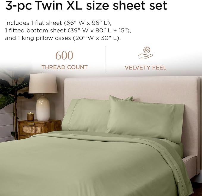 Threadmill 100% Cotton Sheets for Twin XL Size Bed - 600 Thread Count Twin XL Bed Sheets Set with 15” Deep Pocket - Sateen Weave 3-Piece Bedding Set with Cooling Effect, Sage Green