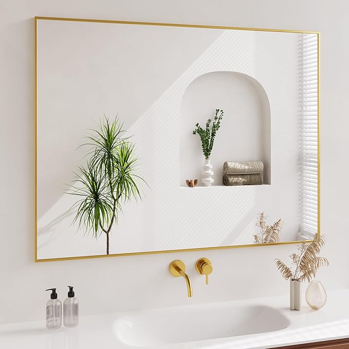 Koonmi Gold Mirrors for Wall, 36x48 Inch Bathroom Mirror, Rectangular Wall Mirror for Living Room Bedroom Bathroom, Hangs Horizontally or Vertically