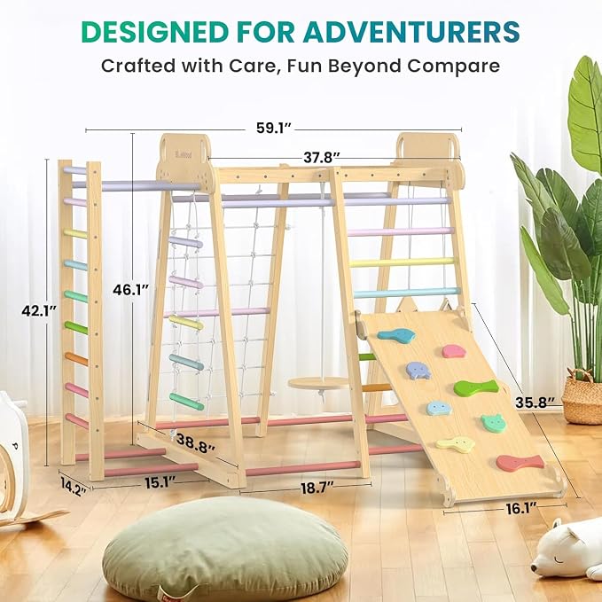 Upgraded Indoor Jungle Gym 9-in-1 Playground Kids Climbing Toys | Waldorf Style Wooden Climber Playset with Slide, Swing, Monkey Bars, Upright/Rope Ladder, Climb Net, Colorful