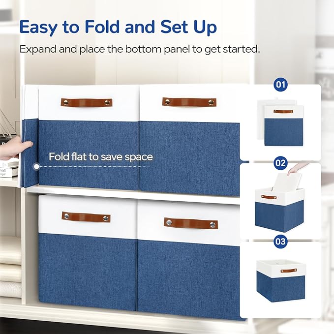 13x13 Storage Cubes 4-Pack, Large Foldable Fabric Cube Storage Bin with Reinforced Bottom and Labels, Organizer Baskets for Shelves, Closets(White/Blue)