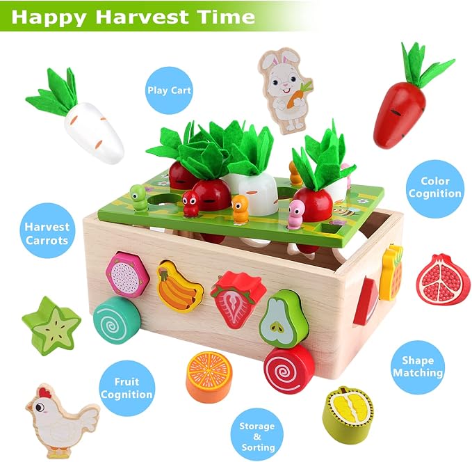 SKYFIELD Montessori Wooden Garden Toy for Baby Boys Girls 1 2 3 Years Old, Fine Motor Skills Developmental Gift Toy Color Shape Fruit Sorting Orchard Cart Farm Game for Toddler 1-3