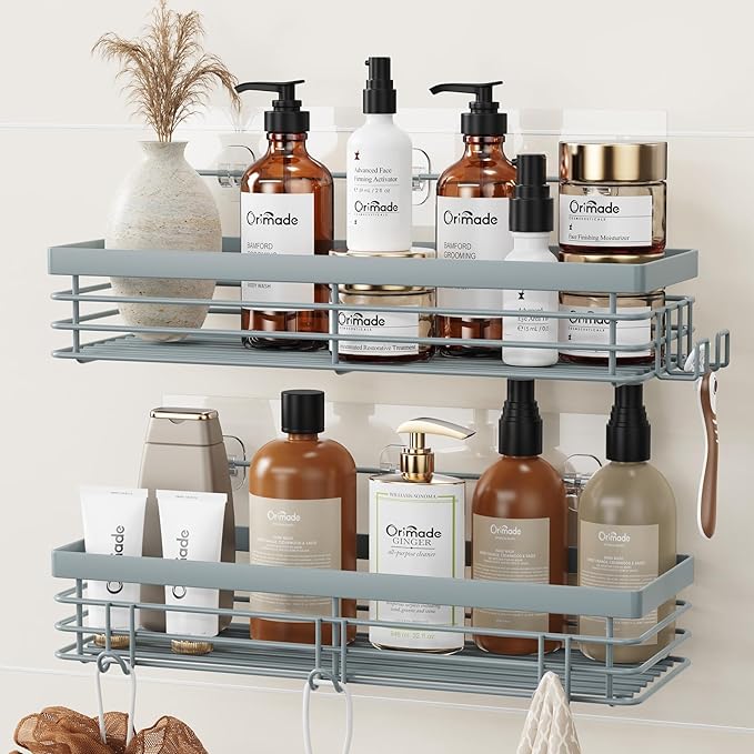 Orimade Shower Caddy with 5 Hooks for Hanging Razor and Sponge Adhesive Shower Shelf Basket Bathroom Storage Organizer Kitchen Rack No Drilling Stainless Steel Rustproof - 2 Pack, Light Blue Grey