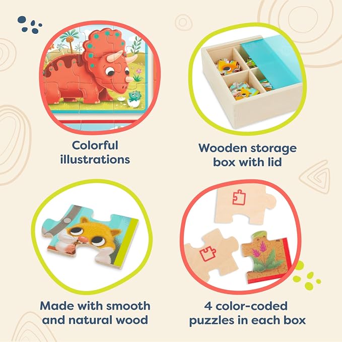 B. toys Wooden Puzzles Pack o' Puzzles Pets & Dinos 2-Pack Set, 2 Pack | 8 wooden jigsaw puzzles in 2 storage boxes; 12 pieces each, pet and dinosaur themes, color-coded backs, 2 Pack; 3+ Years