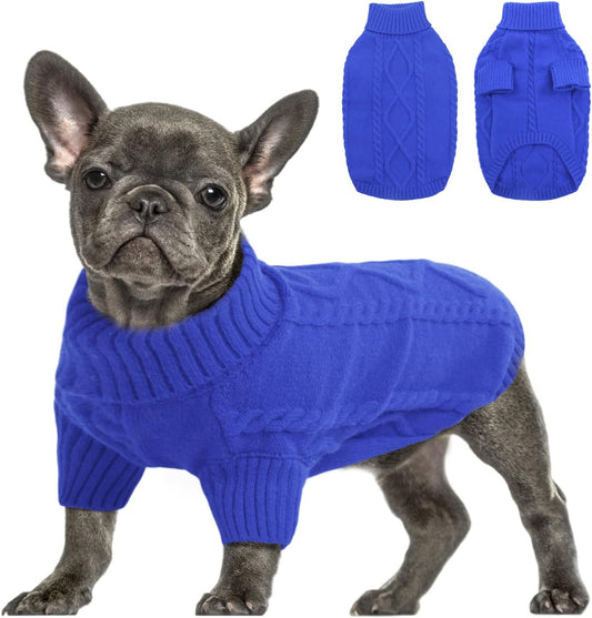 Queenmore Small Dog Pullover Sweater, Cold Weather Cable Knitwear, Classic Turtleneck Thick Warm Clothes for Chihuahua, Bulldog, Dachshund, Pug (Royal Blue, Small)