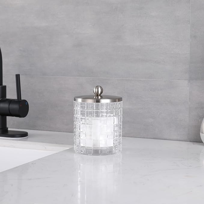 Clear transparent Apothecary Etched Geometric Grid Glass Jar W/Satin Nickel Metal Lid Cover for Bathroom Organization, Cotton Balls, Q Tips, and Small Accessories, Bathroom Storage
