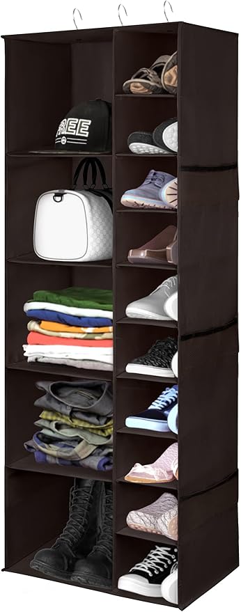 Libeder Shoe Organizer for Closet, 15 Shelf Hanging Closet Storage Shelves - 10 Shoe Rack Organizer and 5 Compartment for Clothes with 6 Side Mesh Pockets for Scarf, Socks,Gloves Coffee