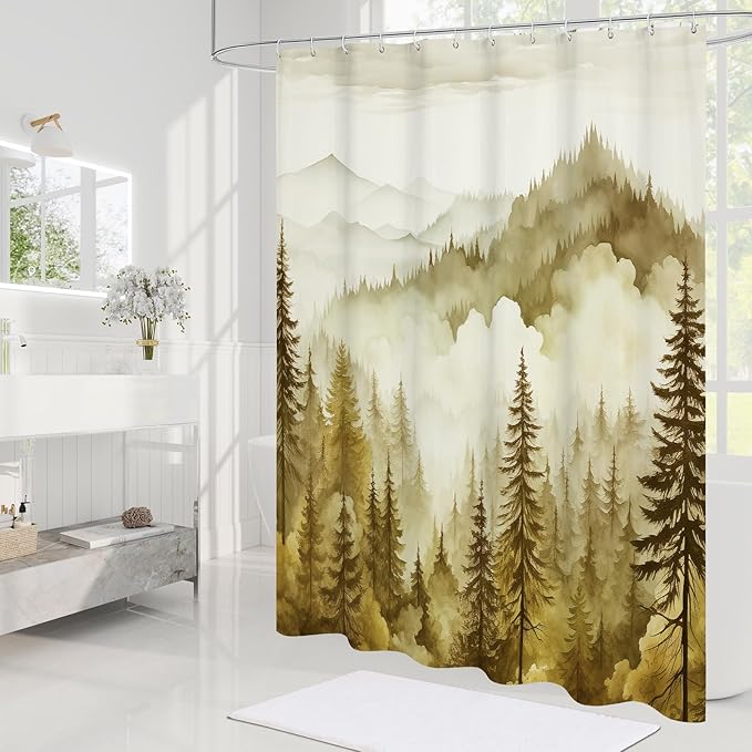Yellow Misty Pine Forest Shower Curtain, Mountain Foggy Woodland Scenery Tree Shower Curtains for Chic Rustic Bathroom, Abstract Modern Waterproof Nature-Themed Decor, 72x72 Inches