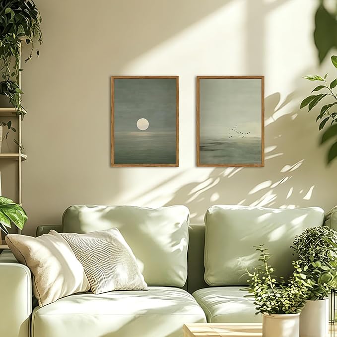 Framed Sage Green Japanese Canvas Wall Art Set of 2, Minimalist Moon and Birds