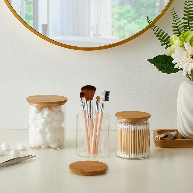 Qtip Holder with Vanity Tray, 3 Pack Glass Apothecary Jars with Lids, Bathroom Accessories Canisters Organizers Jars Containers for Cotton Ball Round Swab Pad Hair Ties Floss Perfume Jewelry