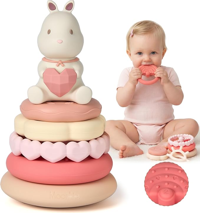 Moonkie Bunny Baby Stacking Toys | 7-Piece Silicone Rings for Teething Relief | Educational Toy for Infants & Toddlers 6 Months+ | Baby Shower or Birthday Gift for Girls