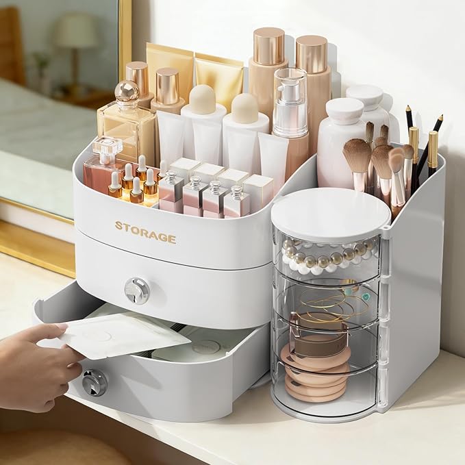 XIAPIA Makeup Organizer Countertop, Make Up Organizer for Vanity, Skincare & Cosmetic Organizers with Drawers, Bathroom Organizers Storage for Brush Holder|Lipstick|Jewelry, Ideal Gift for Women WHITE