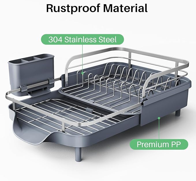SNTD Dish Drying Rack, Expandable Dish Rack for Kitchen Counter, Stainless Steel Dish Drainer with Drainboard Set and Utensil Holder (Gray)