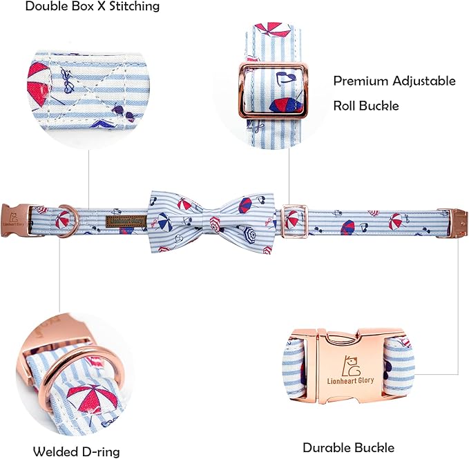 Lionheart glory Dog Collar with Bow, Summer Stripe Boy Dog Bowtie Collar, Cute Pet Collar Gift for Small Dog