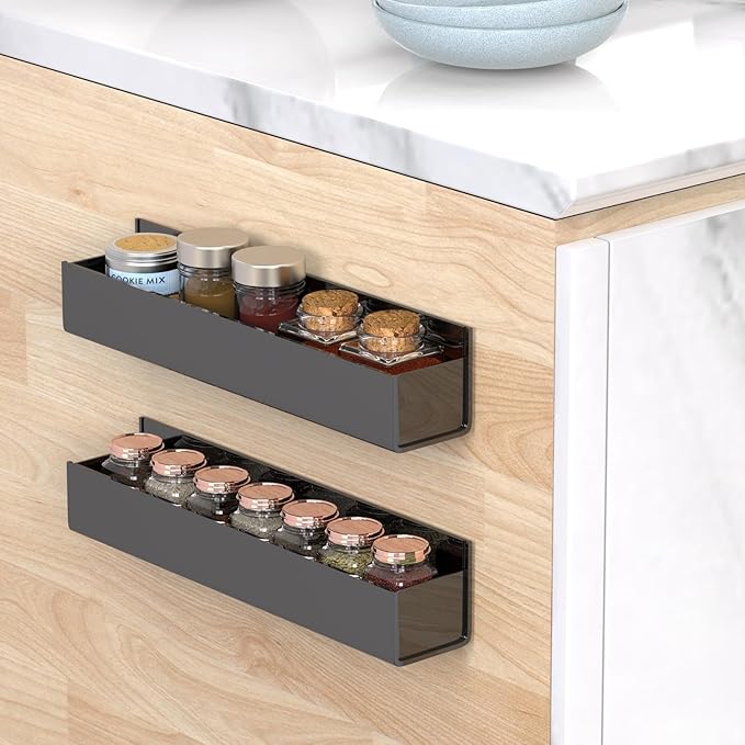 VAEHOLD Adhesive Acrylic Spice Rack with Nano Double Sided Tape Wall Mount Organizer, Black Wall Spice Rack With Shelf Ends for Kitchen Cabinet Door - 2 Pack 12‘’ Shelves