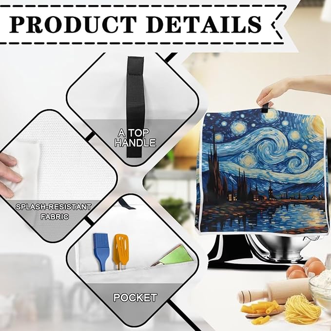 Van Gogh Starry Night Mixer Cover | Machine Washable Dust Protector with Carrying Handle | Kitchen Appliance Cover for 6-8 Quart Mixers, Coffee Makers & Juicers