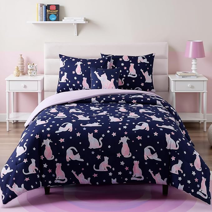 Full Size Comforter Set for Girls-4 Pieces Cat Patterns Full Bedding Set with 1 Comforter, 1 Decor Pillow &2 Pillow Shams