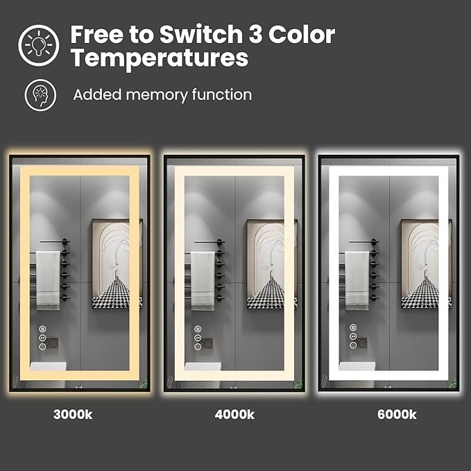 Amorho 60" X36" LED Bathroom Mirror Framed, Front Light and Backlit, Stepless Dimmable, Anti-Fog, Shatter-Proof, Memory, 3 Colors, Double LED Vanity Mirror