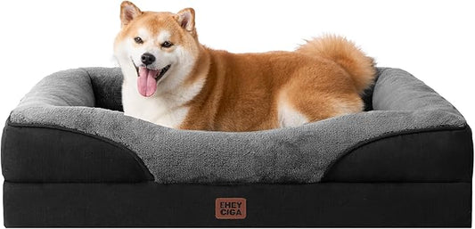 EHEYCIGA Orthopedic Dog Bed for Large Sized Dog, 36x27x7 Inch Large Memory Foam Dog Couch Bed with Sides, Waterproof Liner & Washable Removable Cover, Bolster Pet Sofa, Grey/Black
