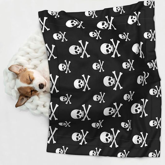 Double Sided Plush Pet Blanket for Small Large Animals, Skull and Crossbones, Reversible Throw with Dimpled Dot Side and Flat Side for Kennels Living Rooms