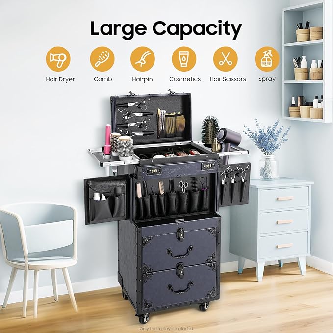 Rolling Makeup Case with Drawers,Hair Tool Organiser,Professional Barber Supplies Case,Hairdressing Tool Storage Cart,Haircut Makeup Salon Organizer with Wheels and Password Locks (Blue)