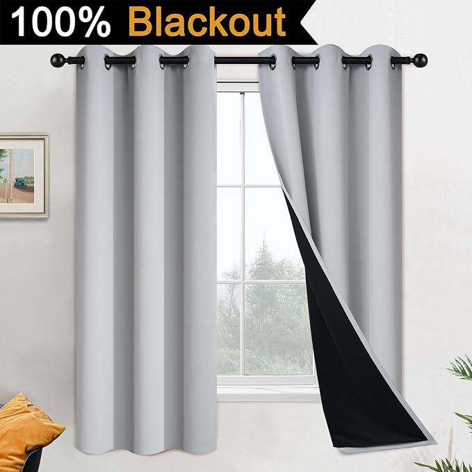 Yakamok 100% Blackout Curtains for Bedroom 63 Inch Length, 2 Thick Layers