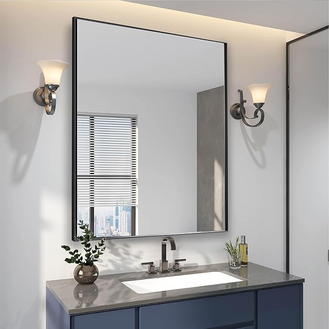 30x36 Inch Black Bathroom Mirror for Wall, Aluminum Frame Rectangle Rectangular Vanity Mirror, Modern Large for Bedroom, Living Room, Horizontal or Vertical