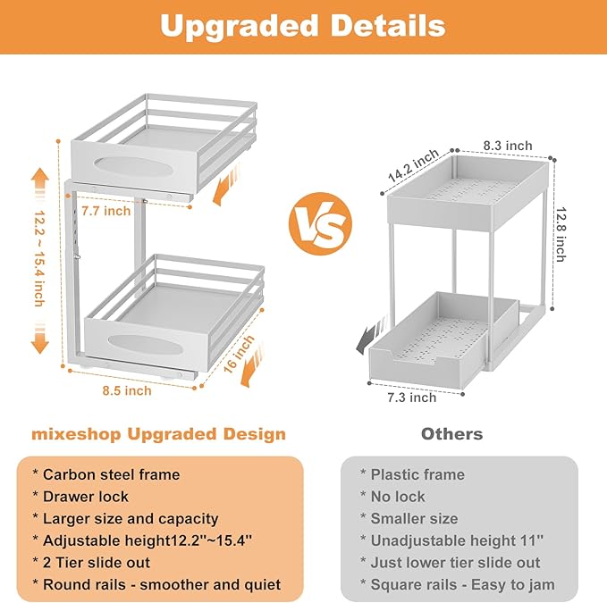 Under Sink Organizer, 2 Tier Under Sink Organizers and Storage, Adjustable Height, Slide out Metal Cabinet Organizers, Pull out Cabinet Storage Drawer Shelf for Kitchen Bathroom 2Pack