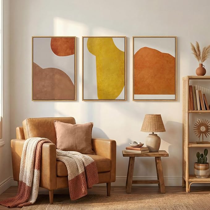 Framed Orange Abstract Boho Wall Art Bedroom, 3 Piece Neutral Mid Century