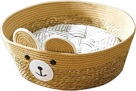 Pet Bed Woven Basket with Detachable Cushion Cartoon Bear Theme Basket Bed Dog Detachable Cushion Nest Pet Furniture