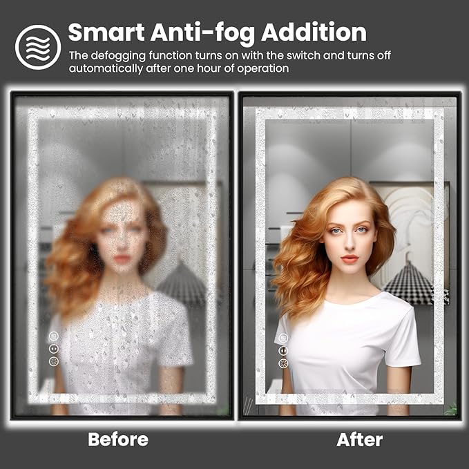 Amorho 55" X36" LED Bathroom Mirror Black Framed, Front Light and Backlit, Stepless Dimmable, Anti-Fog, Shatter-Proof, Memory, 3 Colors, Double LED Vanity Mirror