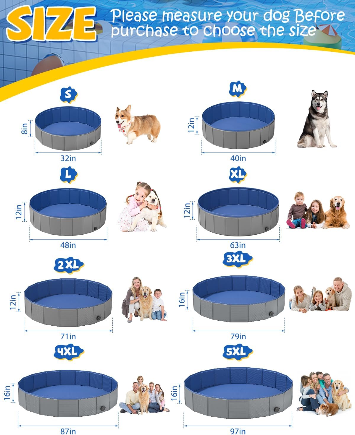 YSJILIDE Portable Dog Pool PVC Pet Swimming Pool Bathtub Collapsible Dog Pool, Hard Plastic Pool for Pets to Swim and Bath (S-32"x 8" Dark Grey)