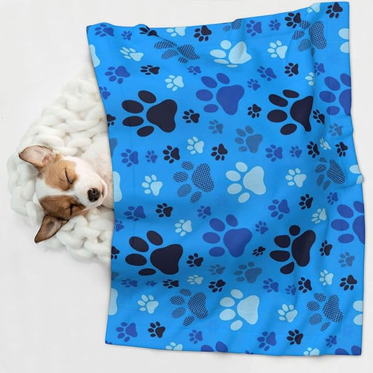 Double Sided Plush Pet Blanket with Cozy Dot Texture and Smooth Reverse, Blue Puppy Pug Dog Paw Print, Reversible Throw for Dogs Cats on Couches Beds Crates