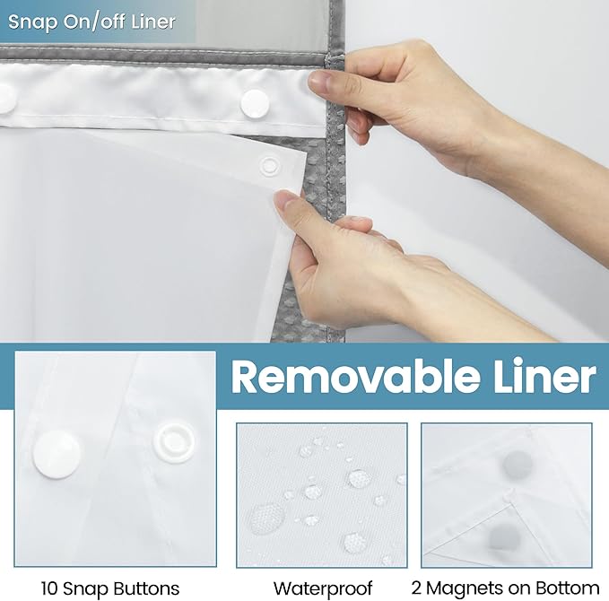 Stall No Hook Shower Curtain with Snap in Liner,230GSM Waffle Weave Shower Curtains for Bathroom,60W x 74H,Grey