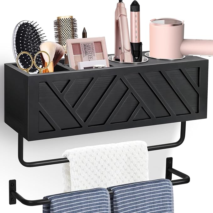 Hair Tool Organizer Wall Mount, Hair Dryer Holder with 2 Towel Bars, Wood Hot Tools Organizer, Rustic Bathroom Organizer Blow Dryer Holder for Bathroom Decor, Flat Iron, Curling Wand, Brushes(Black)