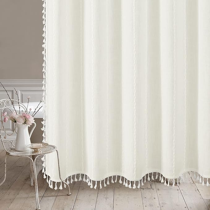 MitoVilla Boho Small Stall Fabric Shower Curtain 36 x 72, Ivory Half Size Narrow Polyester Linen Tassel Cloth Shower Curtains for Chic Modern Farmhouse Country Bathroom Decor
