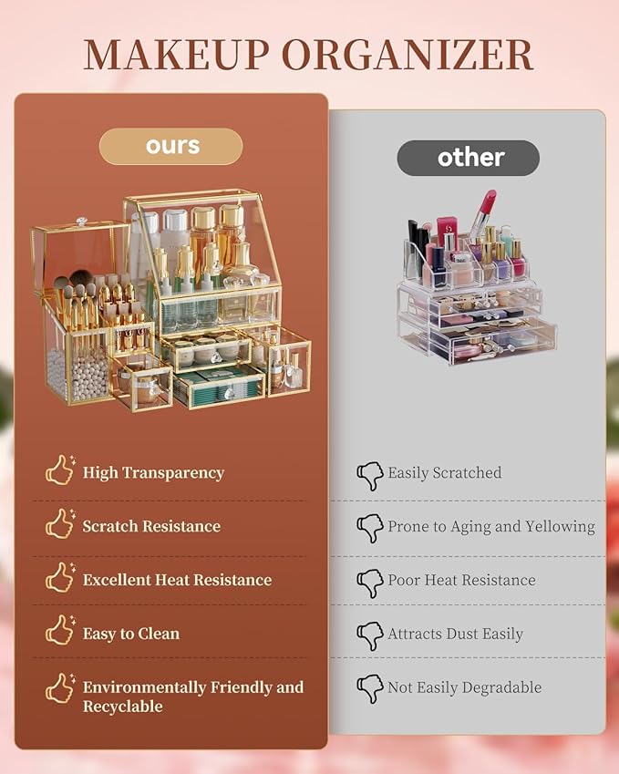 Clear Makeup Organizer with Gold Frame – Countertop Vanity Organizer for Skincare, Lipsticks, Perfume & Brushes – Bathroom Cosmetic Storage Display Box