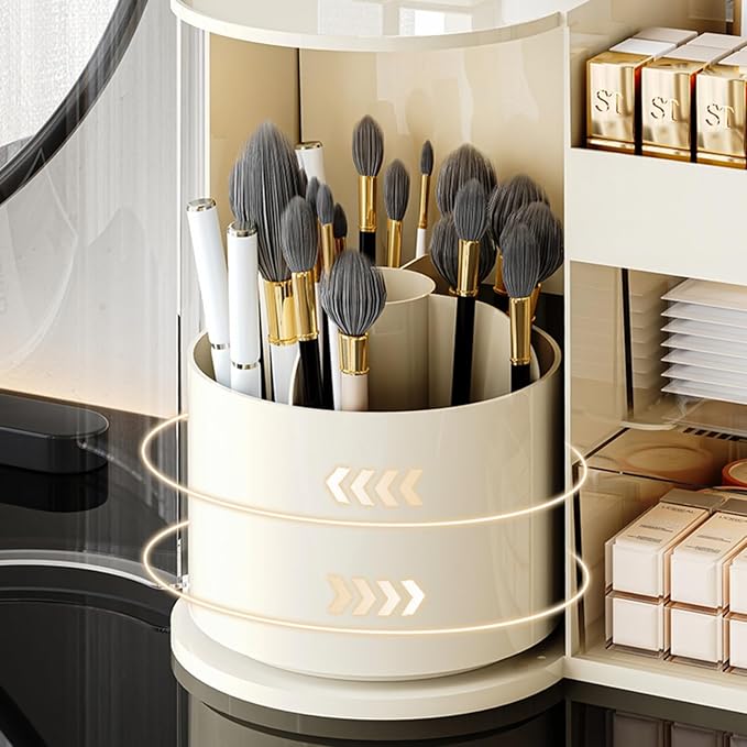 Makeup Organizer with Rotating Brush Holder Cosmetic Organizer with Drawers Countertop Skincare Organizer for Vanity,Cosmetic Display Case Storage (Cream, Large)