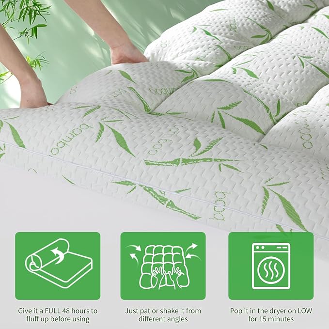 Mattress Topper Twin Size,Viscose Made from Bamboo Pillow Top Mattress Topper,1200 GSM Cooling Mattress Pad,2In Extra Thick Pillow Top for Back Pain with 8"-18" Deep Pocket(39"x75")